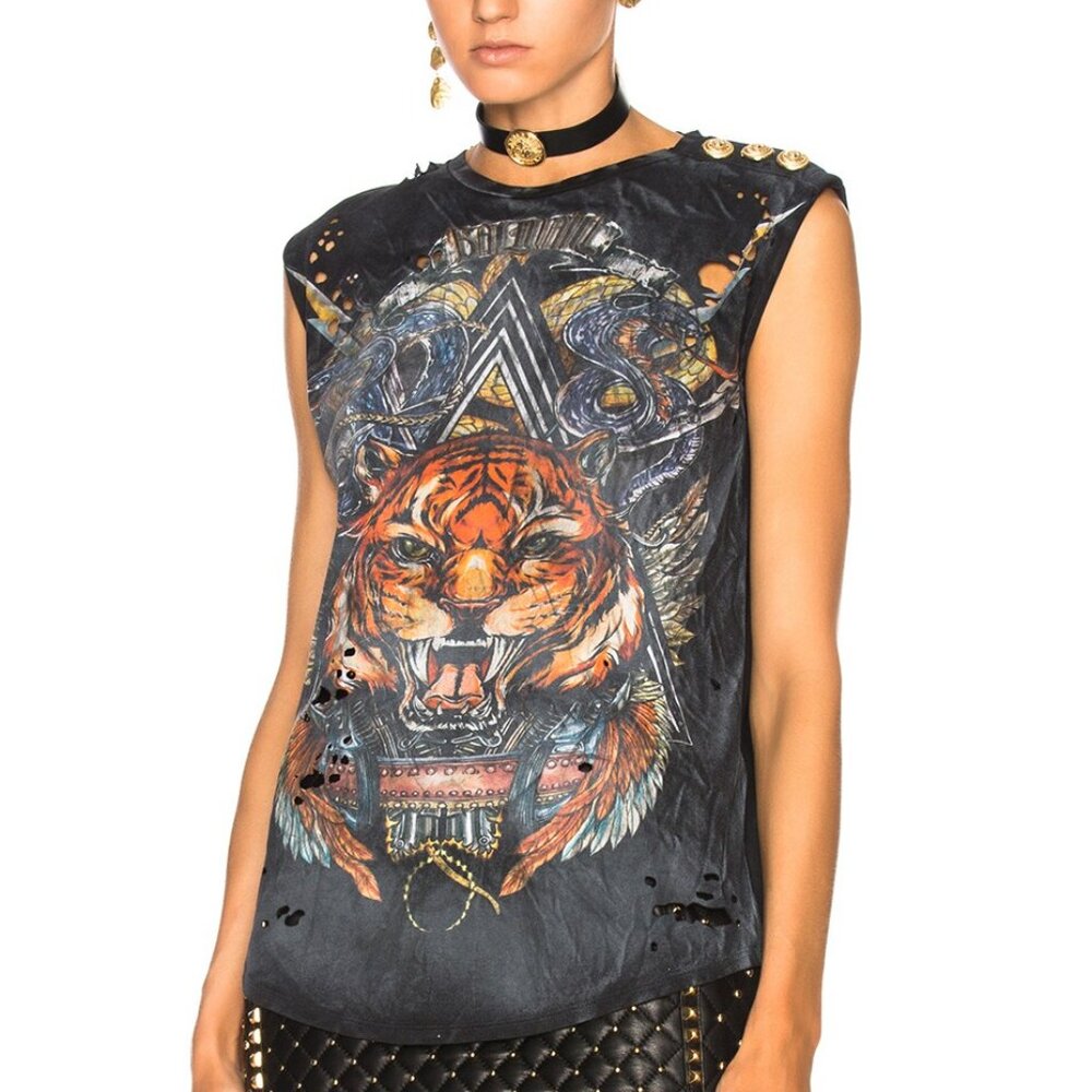 Balmain Black Cotton Distressed 3-Button Graphic Tank
